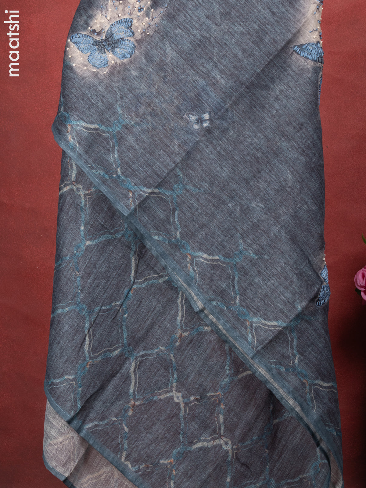 Linen cotton dress material greyish blue with butterfly design french knot work & v neck pattern and bottom & french kont work dupatta