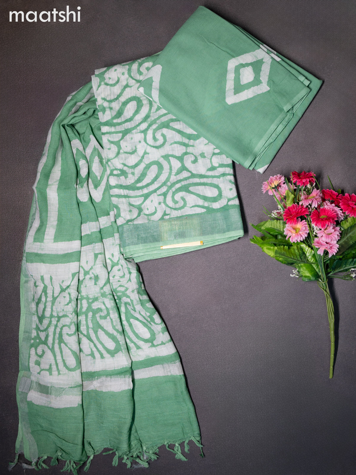 Linen cotton dress material teal green shade and off white with allover batik prints and bottom & dupatta