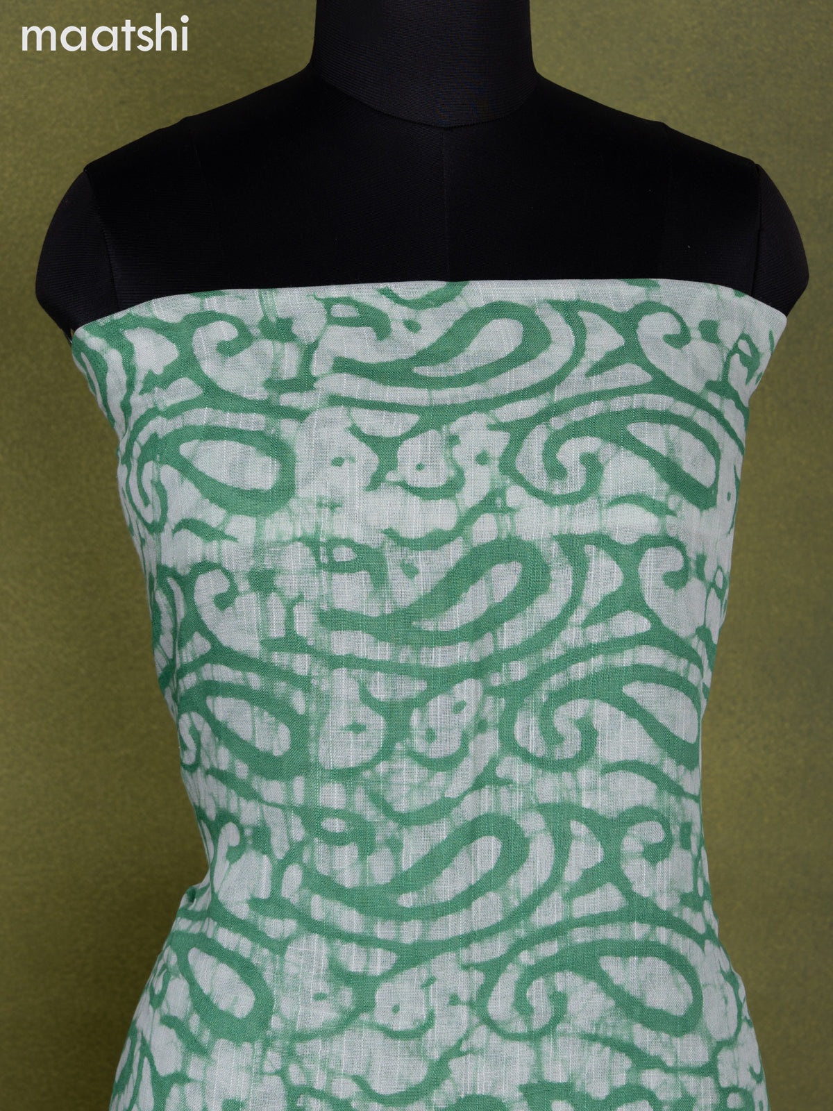 Linen cotton dress material teal green shade and off white with allover batik prints and bottom & dupatta
