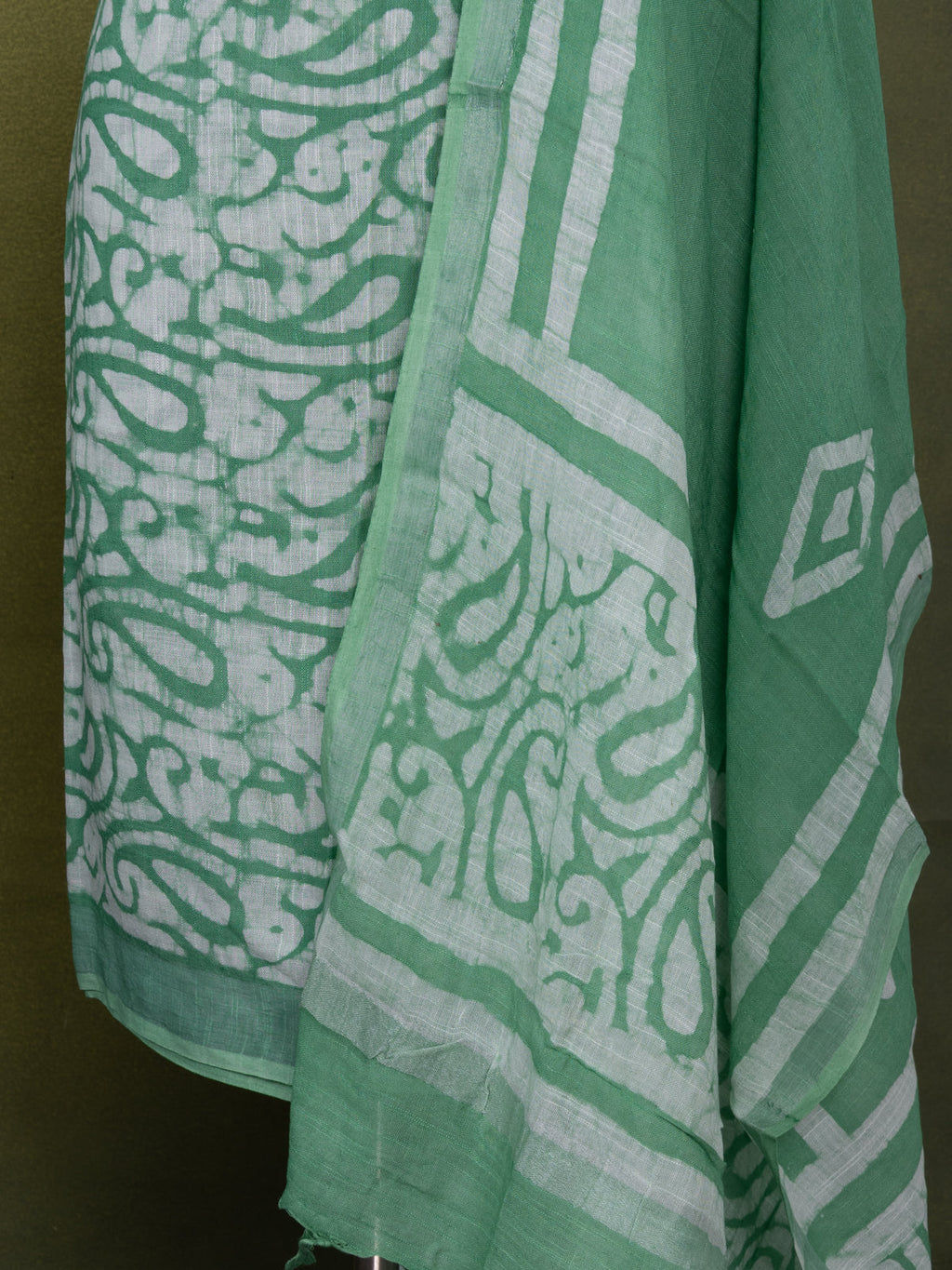 Linen cotton dress material teal green shade and off white with allover batik prints and bottom & dupatta