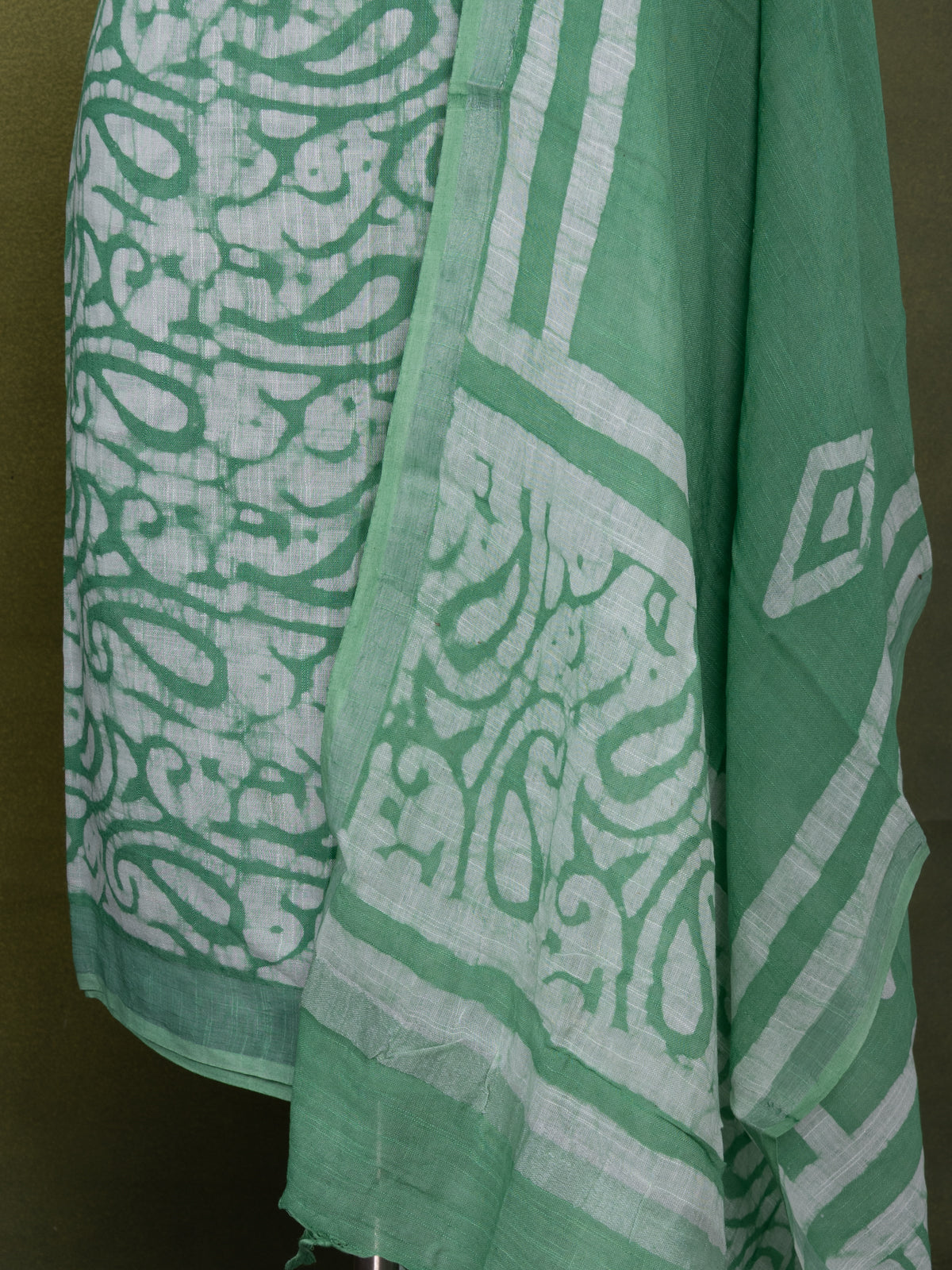 Linen cotton dress material teal green shade and off white with allover batik prints and bottom & dupatta