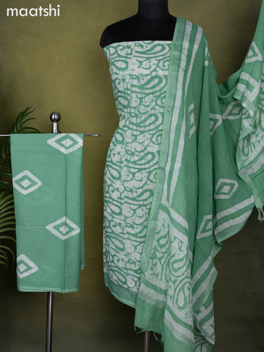 Linen cotton dress material teal green shade and off white with allover batik prints and bottom & dupatta