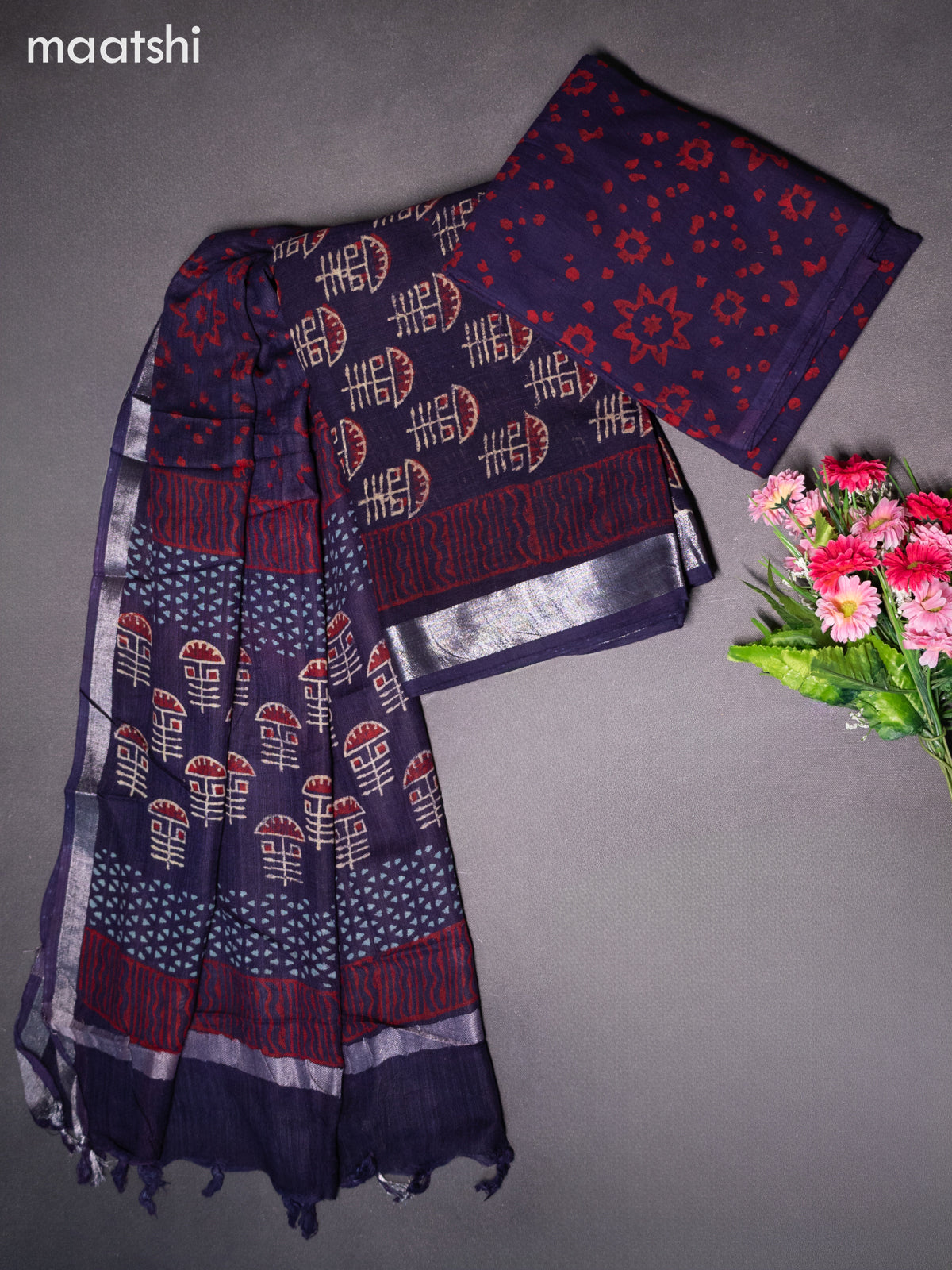 Linen cotton dress material navy blue with allover butta prints and bottom & dupatta