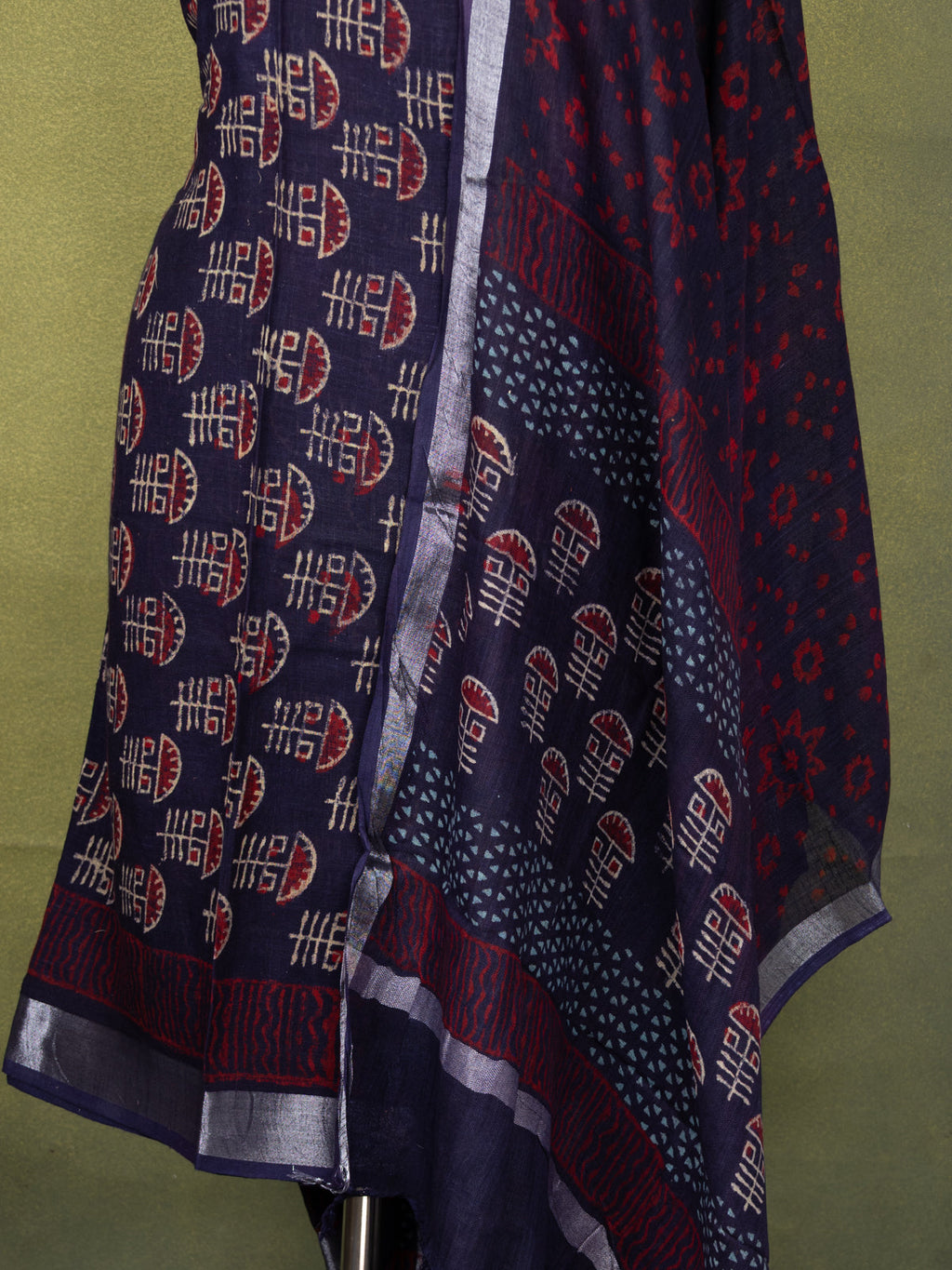 Linen cotton dress material navy blue with allover butta prints and bottom & dupatta