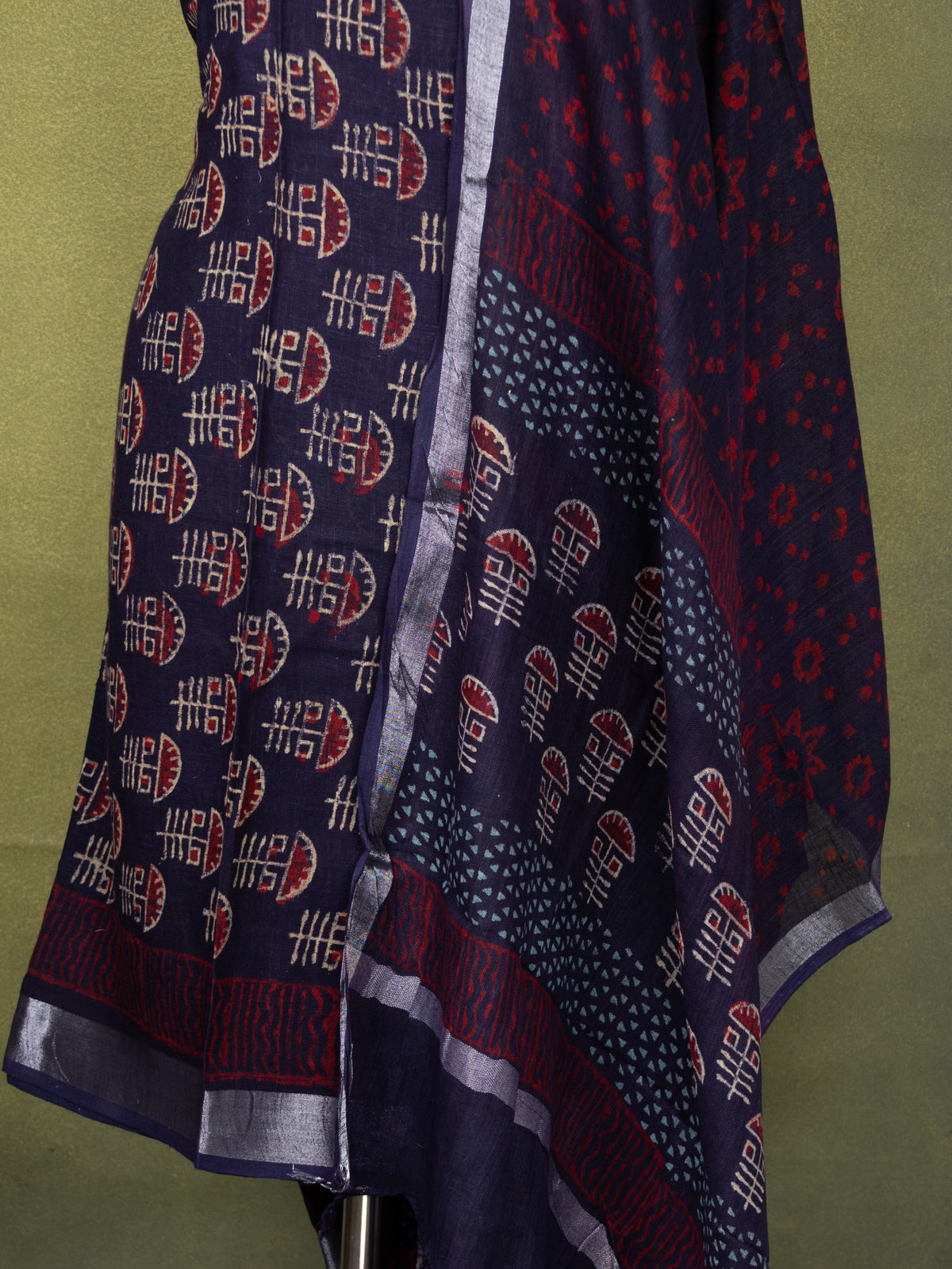 Linen cotton dress material navy blue with allover butta prints and bottom & dupatta
