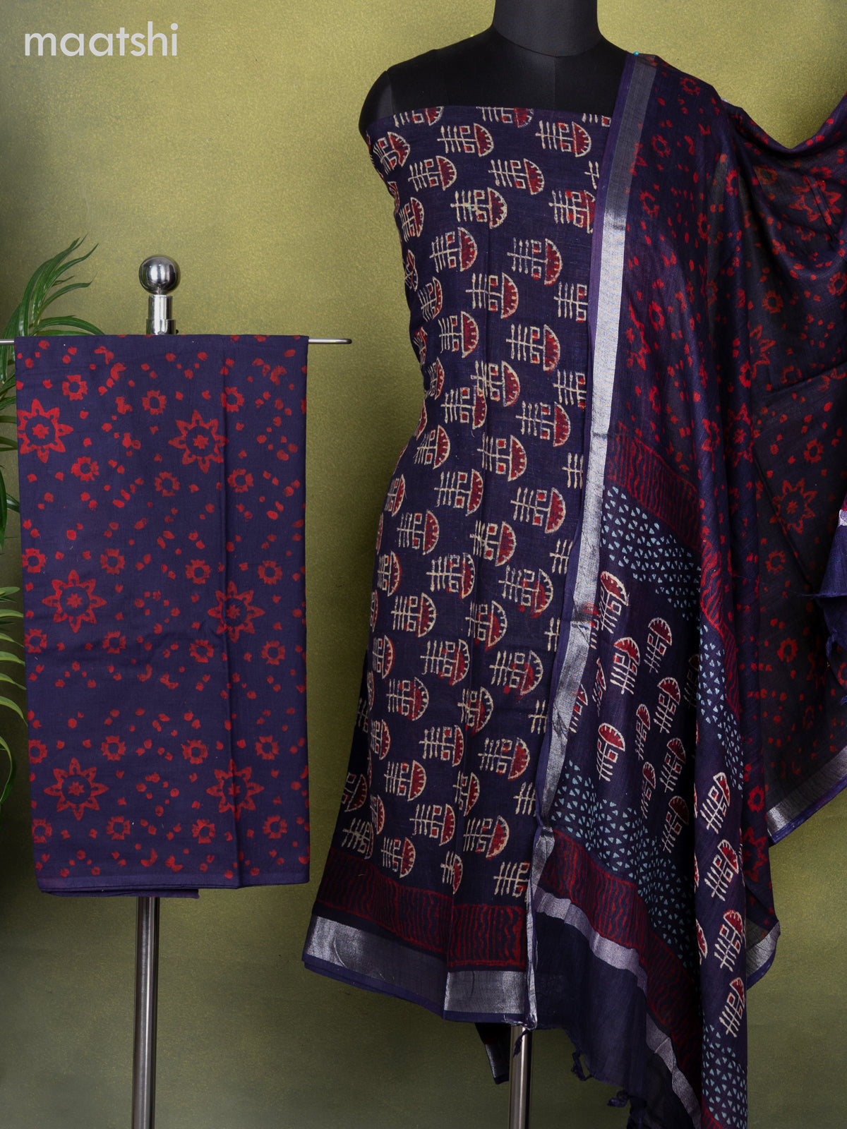 Linen cotton dress material navy blue with allover butta prints and bottom & dupatta