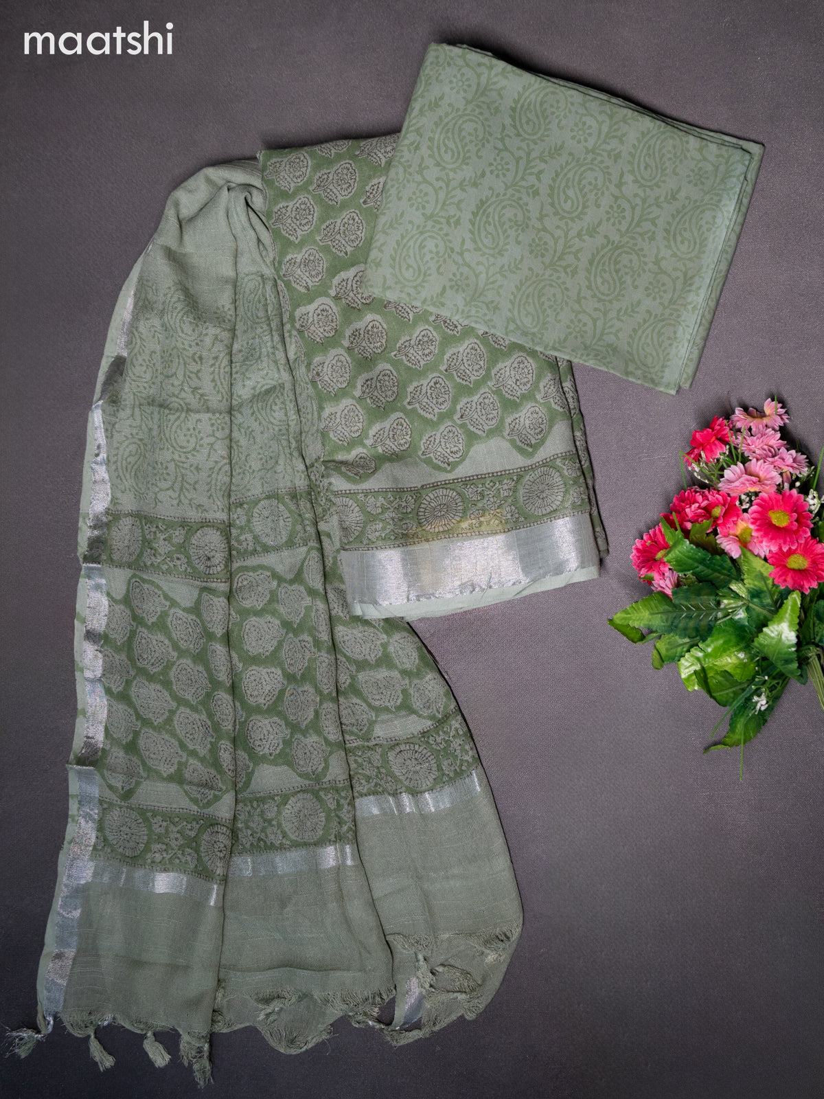 Linen cotton dress material pastel green shade with allover floral butta prints and bottom & dupatta