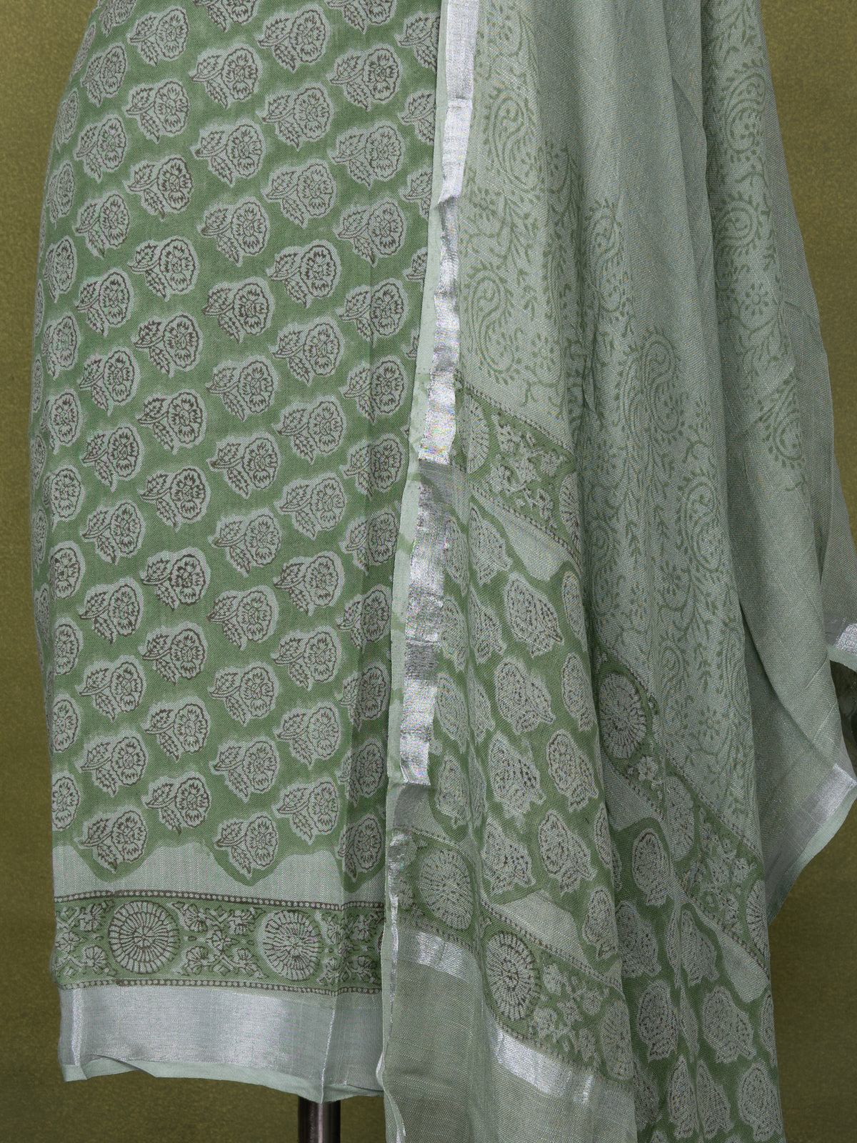 Linen cotton dress material pastel green shade with allover floral butta prints and bottom & dupatta