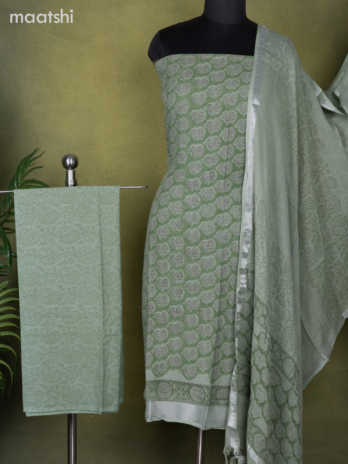 Linen cotton dress material pastel green shade with allover floral butta prints and bottom & dupatta