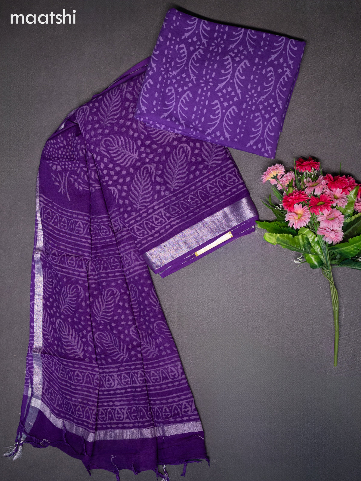 Linen cotton dress material violet with allover prints and bottom & dupatta