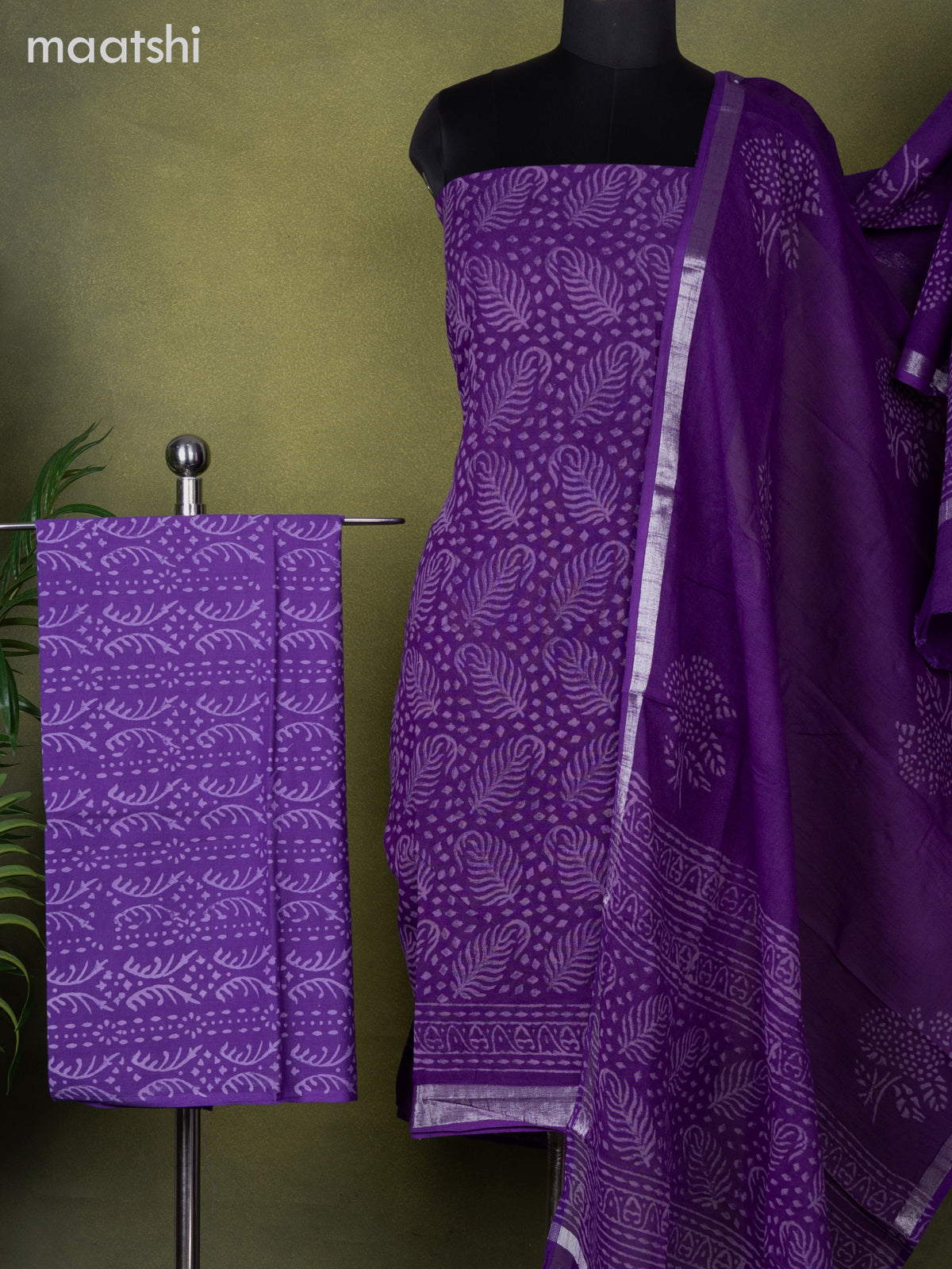 Linen cotton dress material violet with allover prints and bottom & dupatta