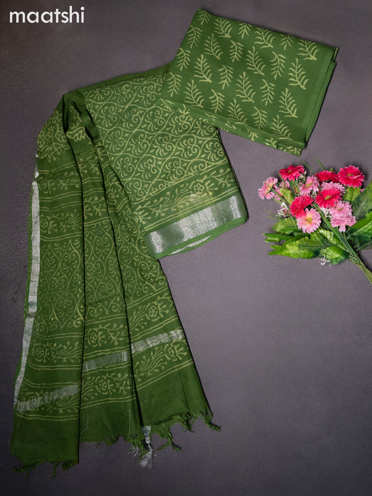 Linen cotton dress material green with allover prints and bottom & dupatta