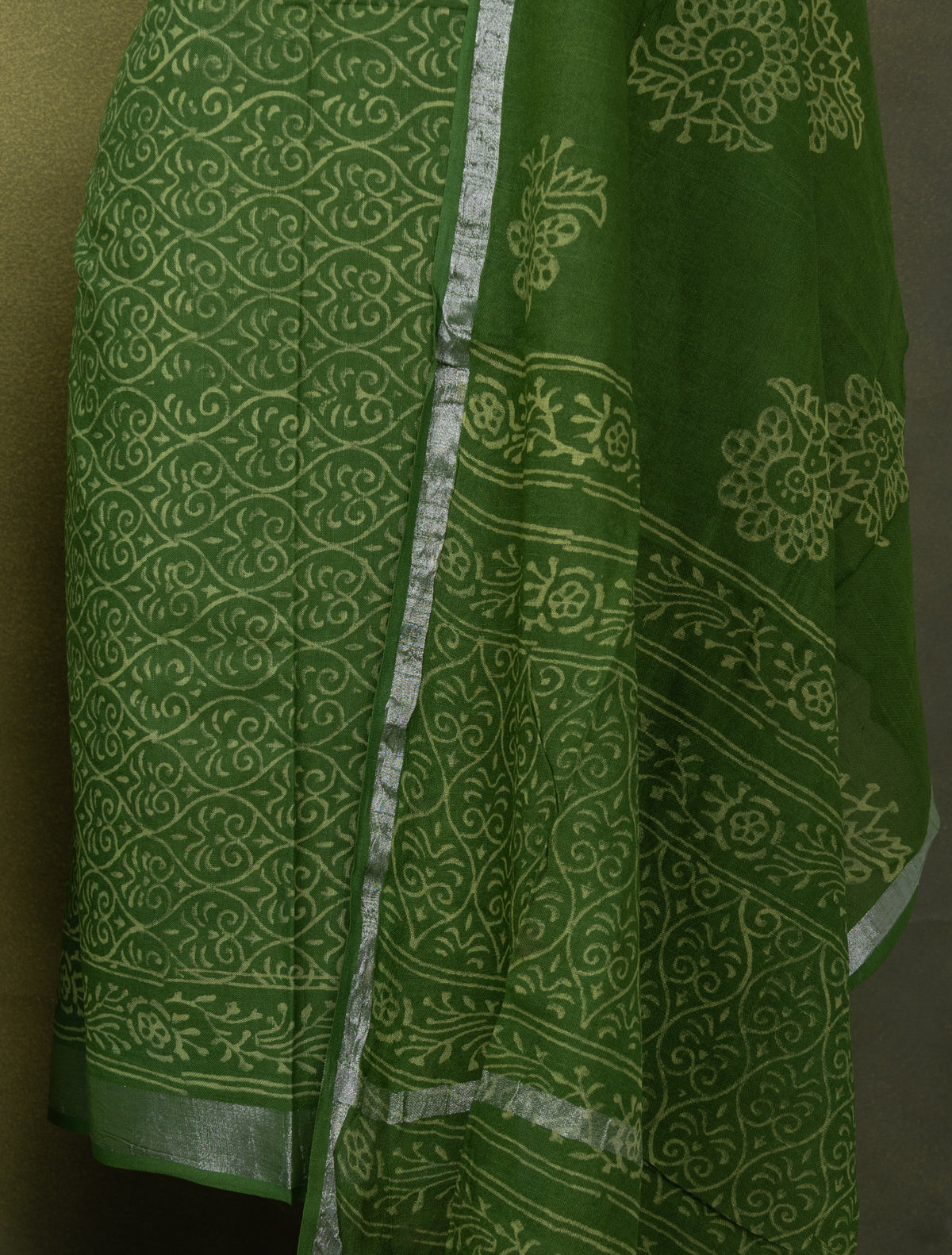 Linen cotton dress material green with allover prints and bottom & dupatta