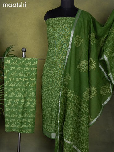 Linen cotton dress material green with allover prints and bottom & dupatta