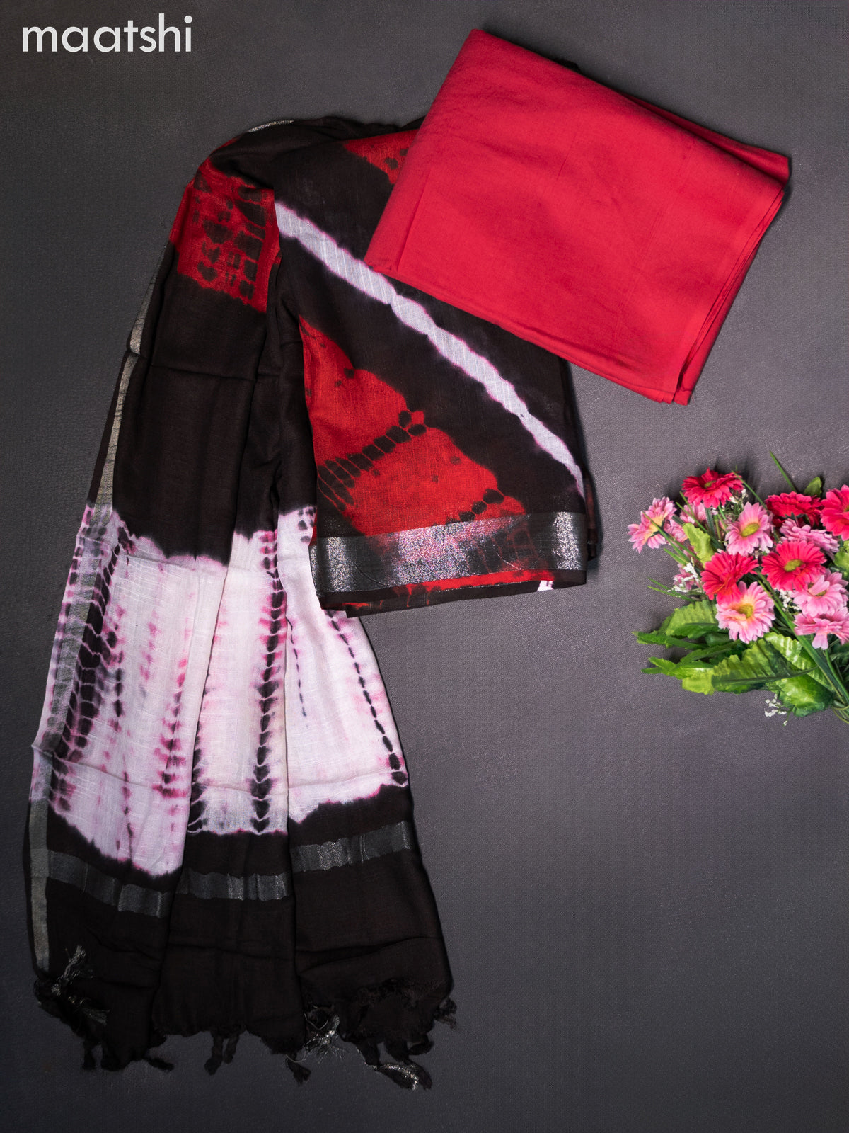 Linen cotton dress material red and black with allover tie & dye prints and bottom & dupatta