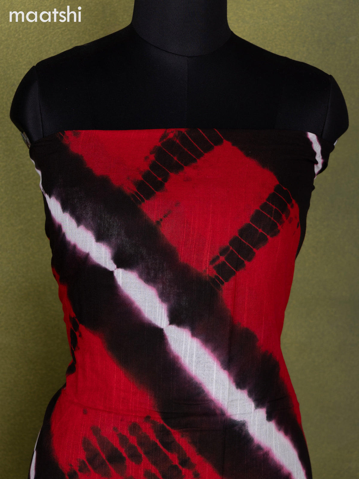 Linen cotton dress material red and black with allover tie & dye prints and bottom & dupatta