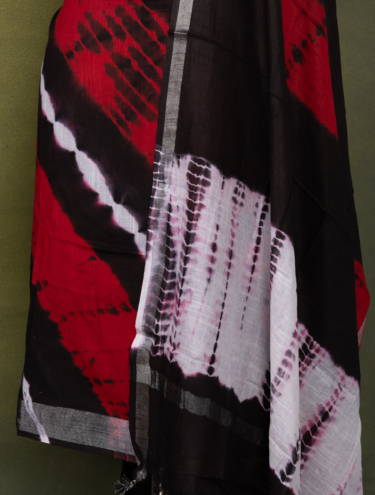 Linen cotton dress material red and black with allover tie & dye prints and bottom & dupatta