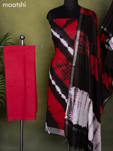 Linen cotton dress material red and black with allover tie & dye prints and bottom & dupatta