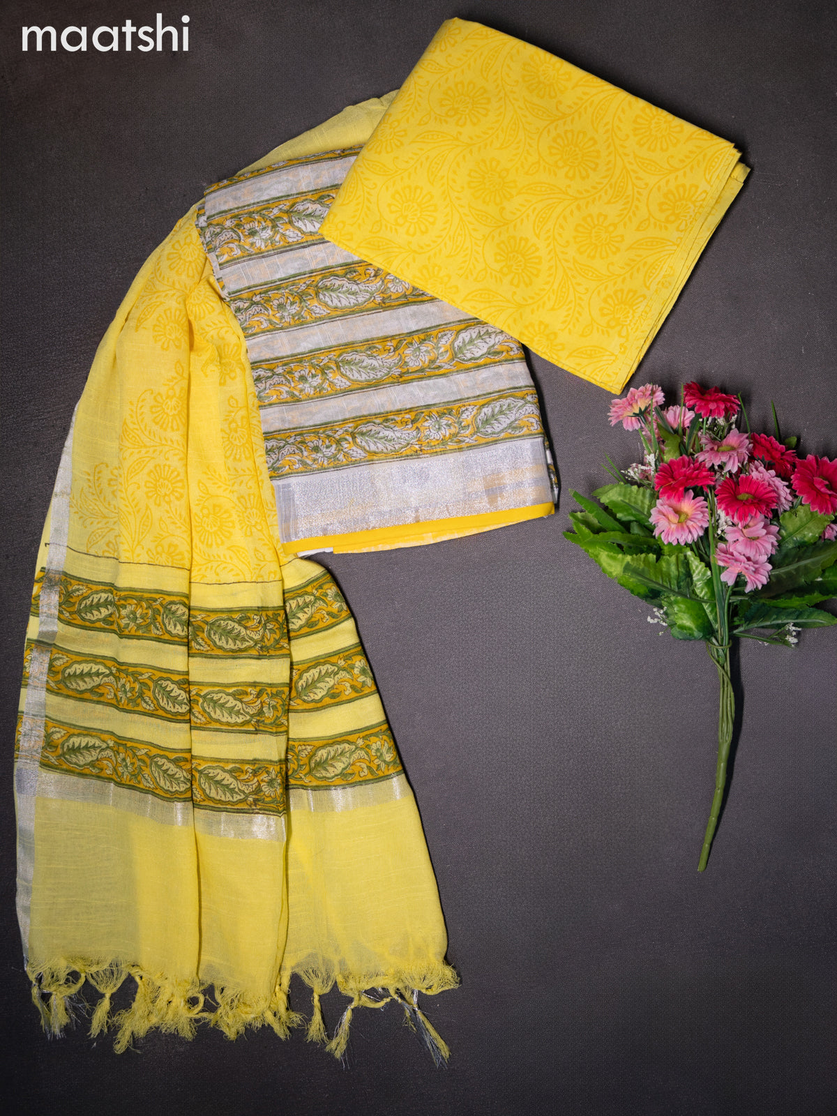 Linen cotton dress material off white and lime yellow with allover prints and bottom & dupatta