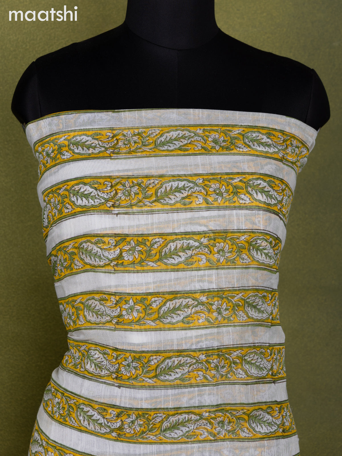 Linen cotton dress material off white and lime yellow with allover prints and bottom & dupatta