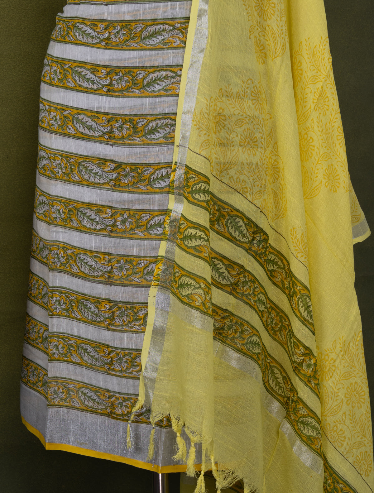 Linen cotton dress material off white and lime yellow with allover prints and bottom & dupatta