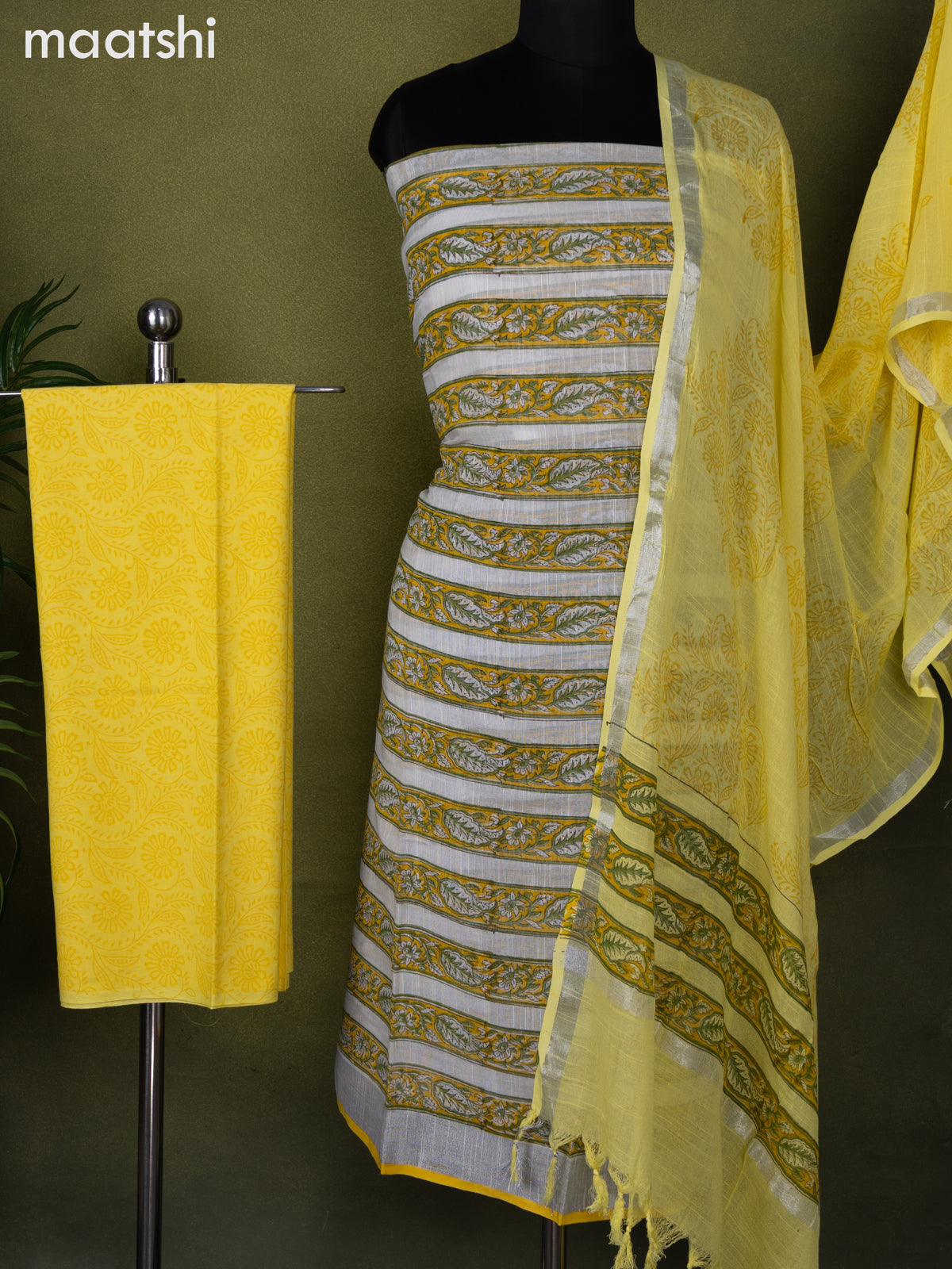 Linen cotton dress material off white and lime yellow with allover prints and bottom & dupatta