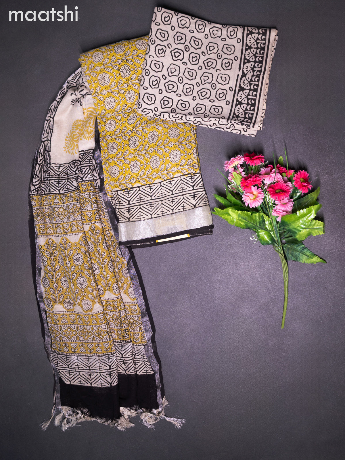 Linen cotton dress material mustard yellow and beige black with allover floral prints and bottom & dupatta