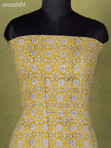 Linen cotton dress material mustard yellow and beige black with allover floral prints and bottom & dupatta