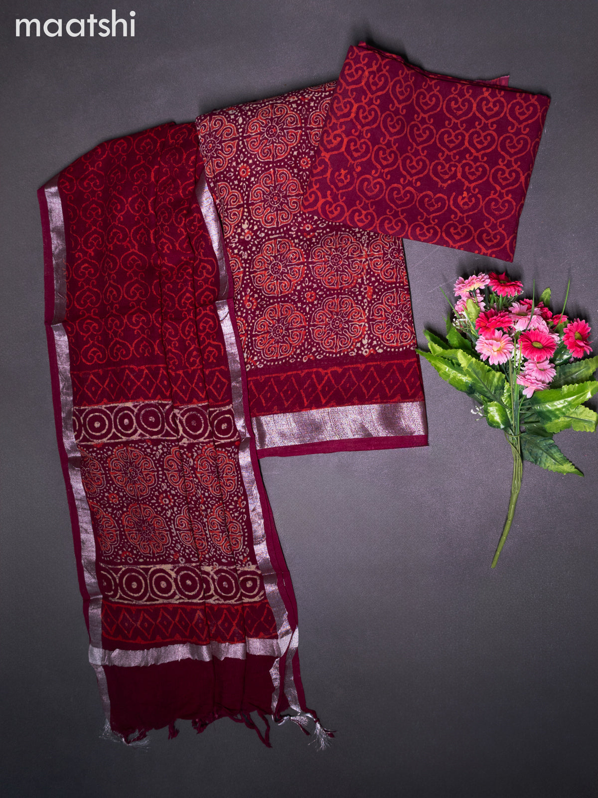 Linen cotton dress material maroon with allover ajrakh prints and bottom & dupatta