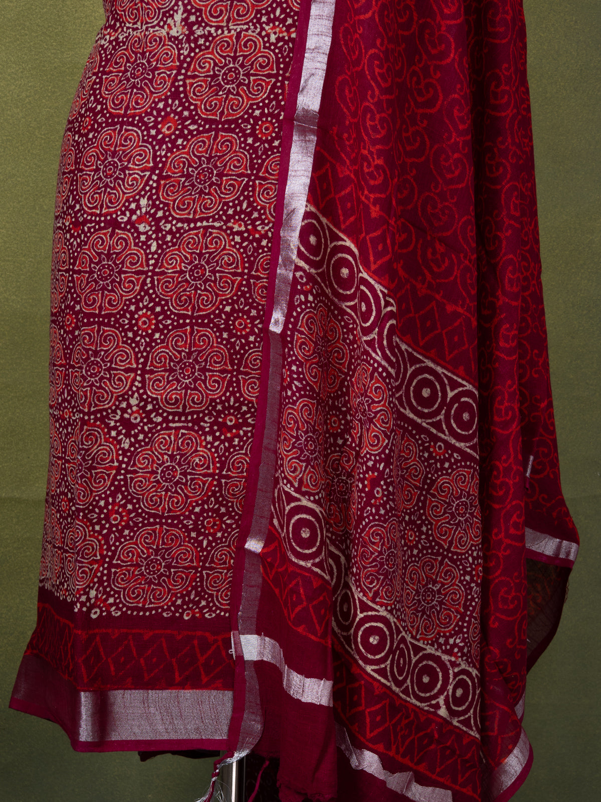 Linen cotton dress material maroon with allover ajrakh prints and bottom & dupatta