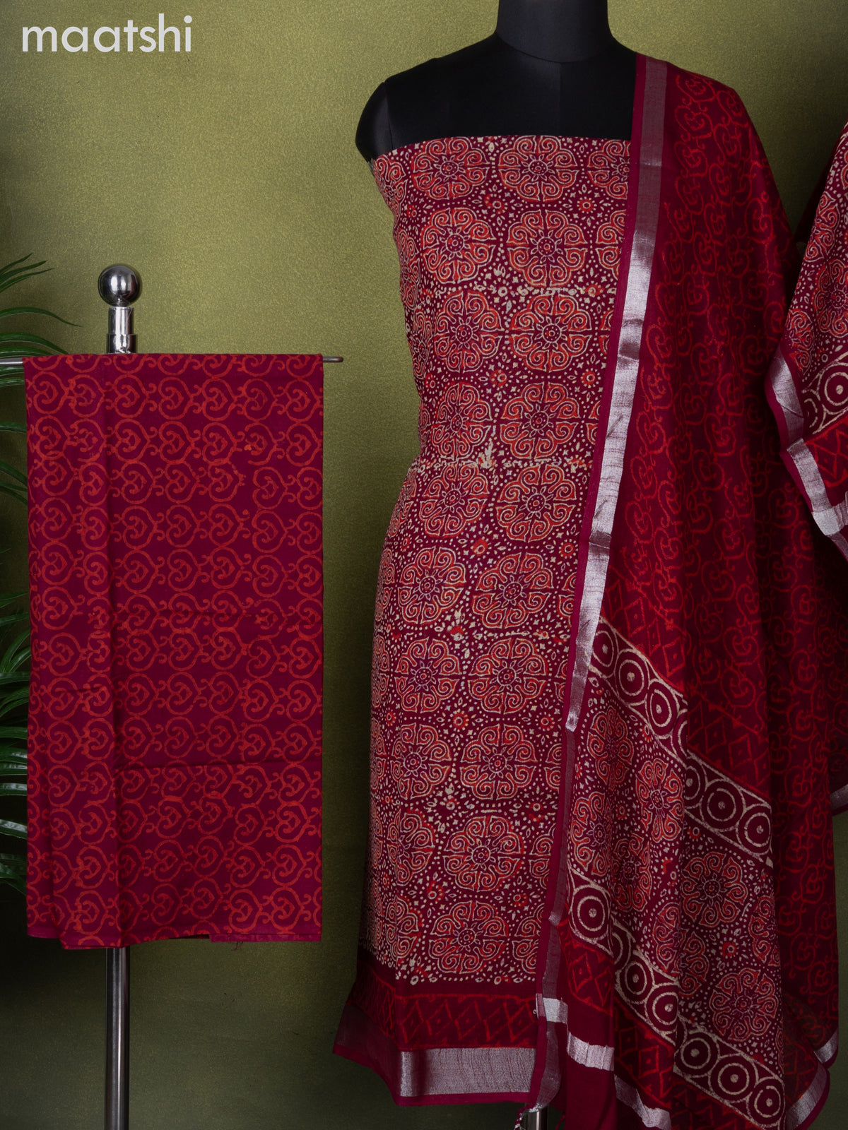 Linen cotton dress material maroon with allover ajrakh prints and bottom & dupatta