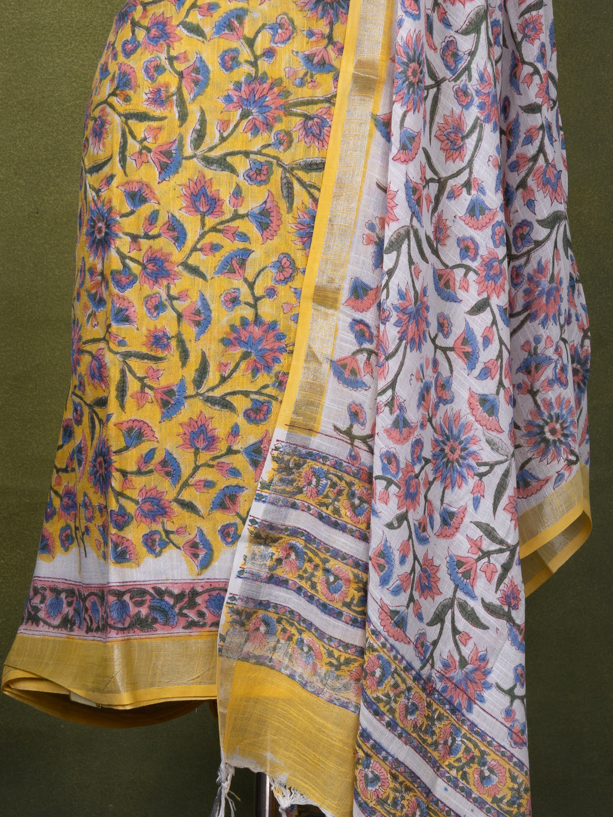 Linen cotton dress material yellow and off white with allover floral prints and bottom & dupatta