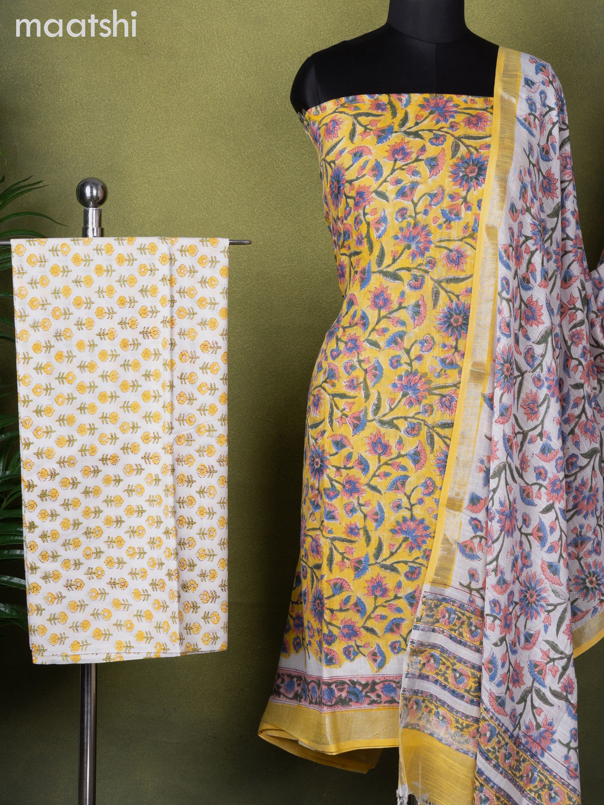 Linen cotton dress material yellow and off white with allover floral prints and bottom & dupatta