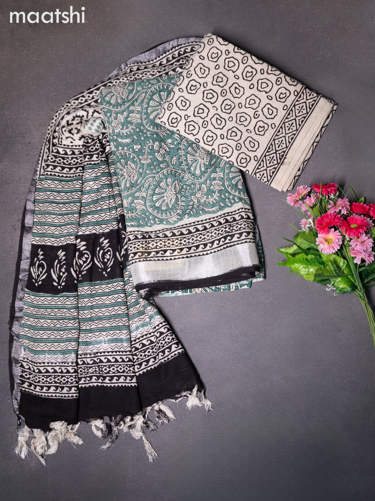 Linen cotton dress material green shade and beige black with allover prints and bottom & dupatta