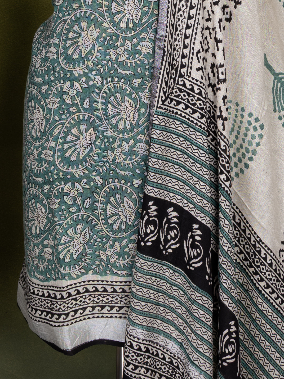 Linen cotton dress material green shade and beige black with allover prints and bottom & dupatta
