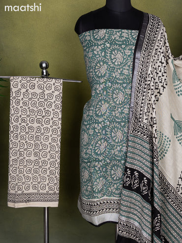 Linen cotton dress material green shade and beige black with allover prints and bottom & dupatta