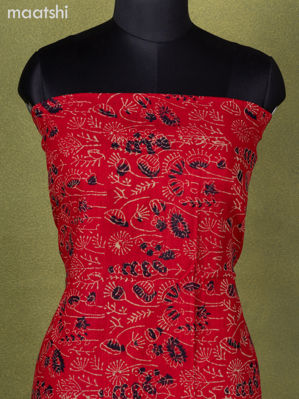 Linen cotton dress material red with allover prints and bottom & dupatta