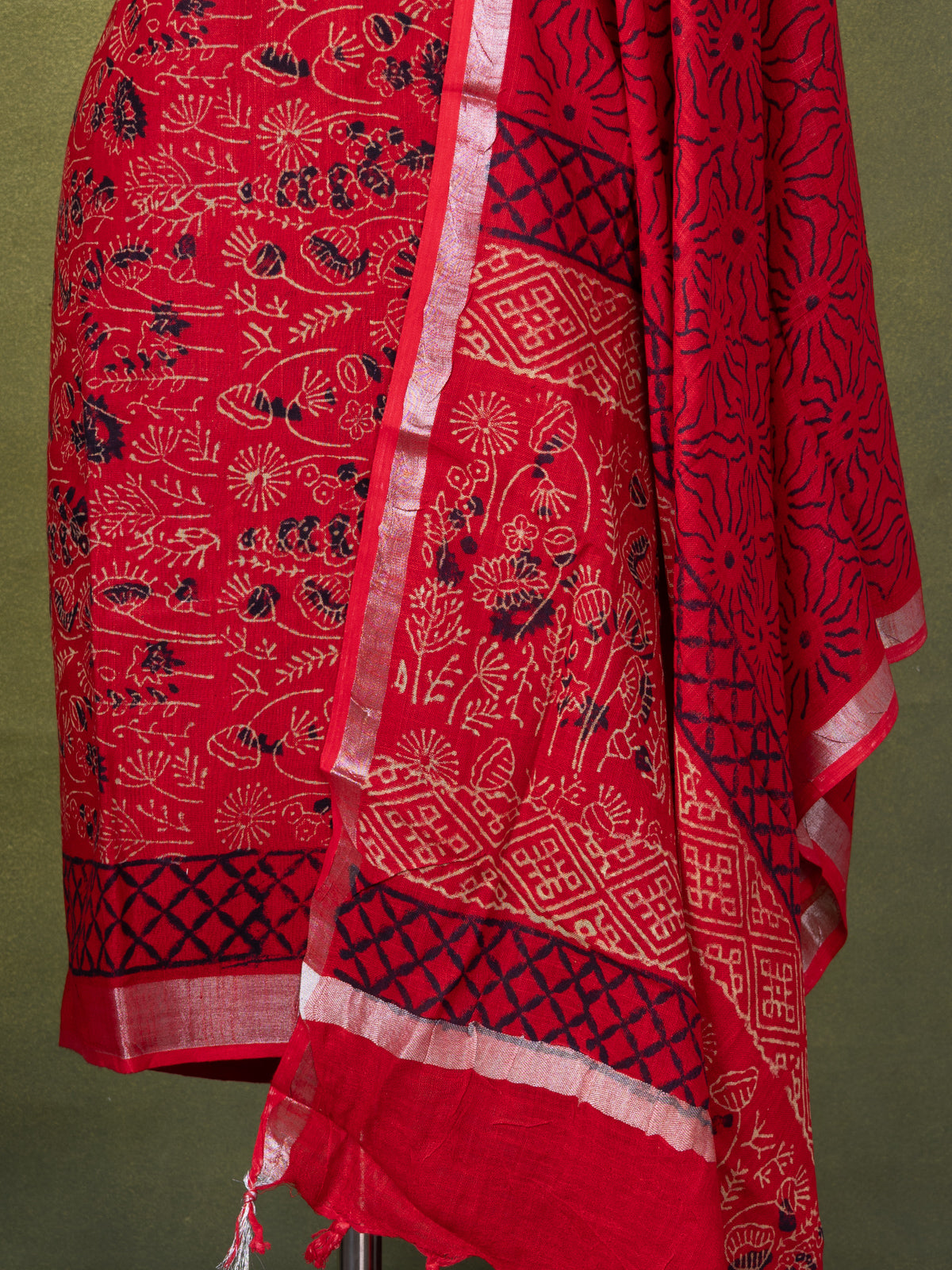 Linen cotton dress material red with allover prints and bottom & dupatta