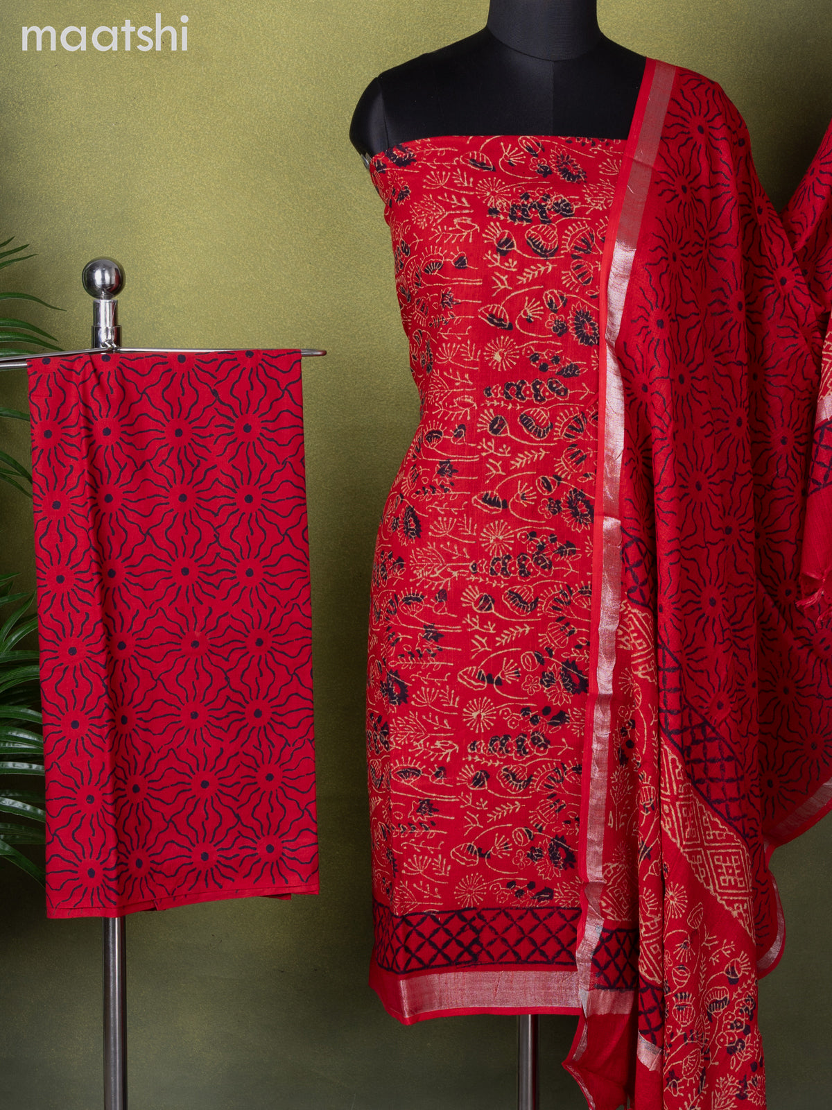 Linen cotton dress material red with allover prints and bottom & dupatta