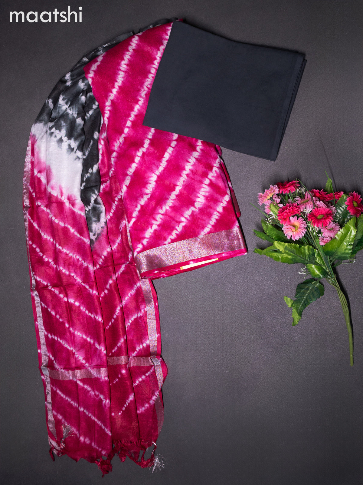Linen cotton dress material pink and grey with allover shibori prints and bottom & dupatta