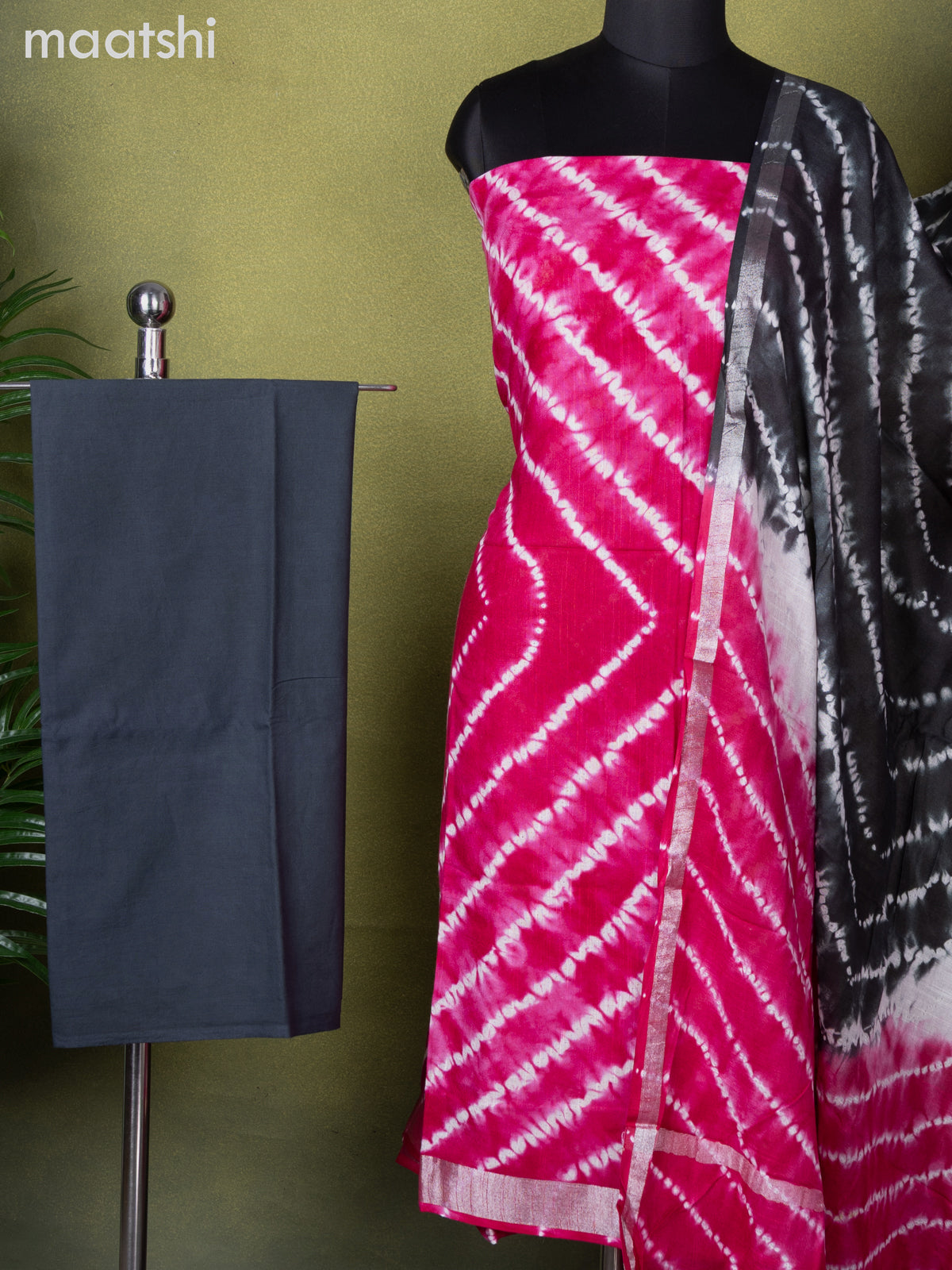 Linen cotton dress material pink and grey with allover shibori prints and bottom & dupatta
