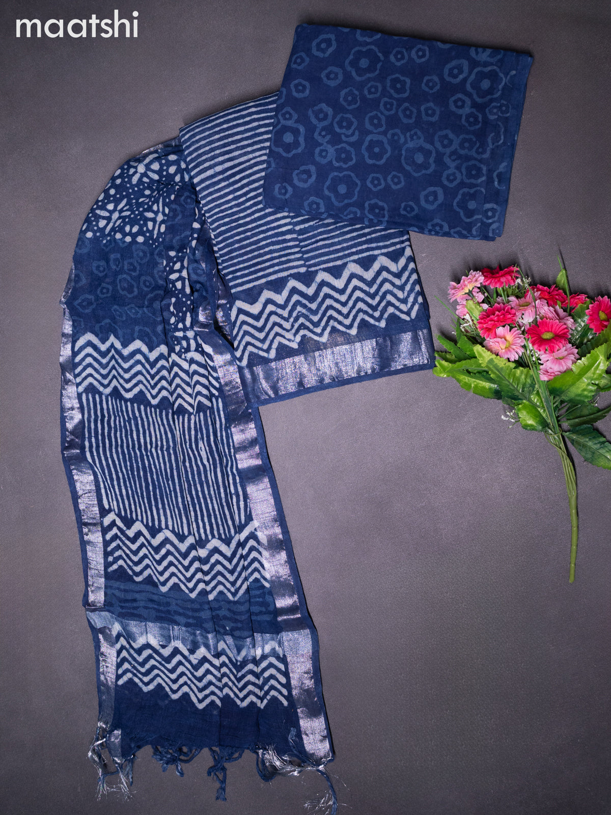 Linen cotton dress material blue with allover prints and bottom & dupatta