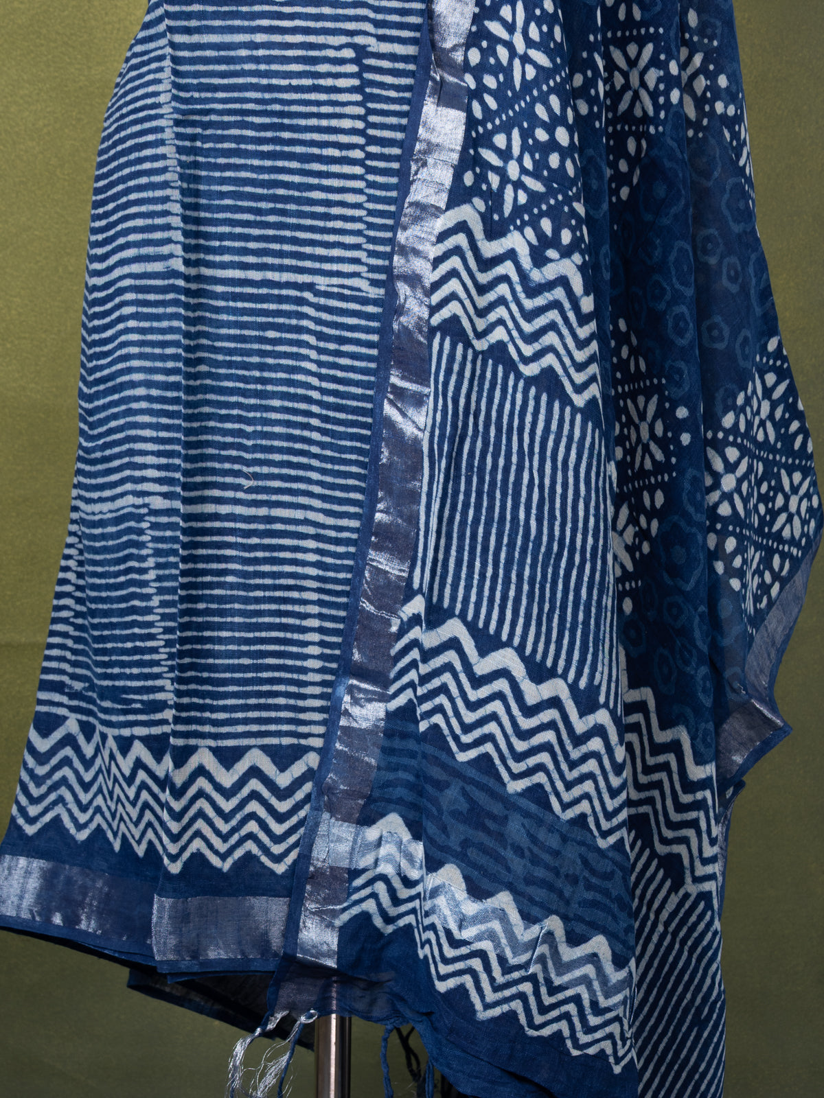 Linen cotton dress material blue with allover prints and bottom & dupatta