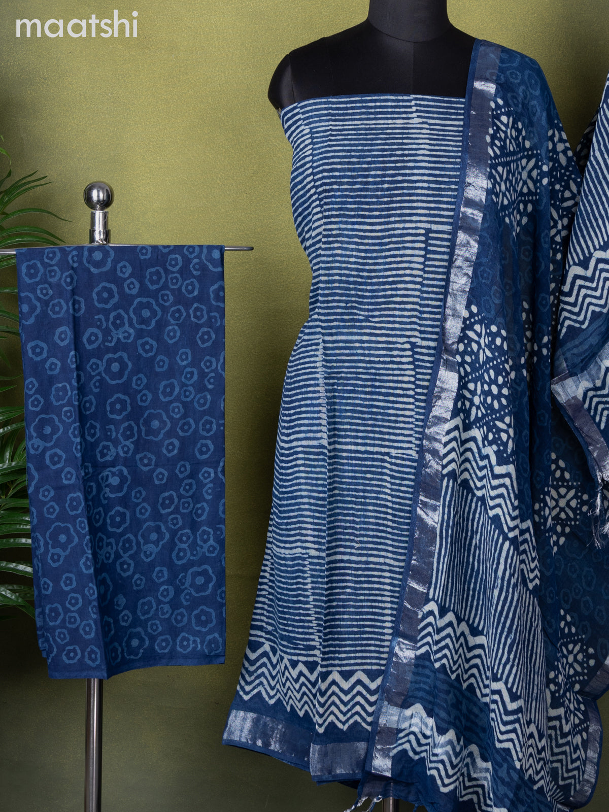 Linen cotton dress material blue with allover prints and bottom & dupatta