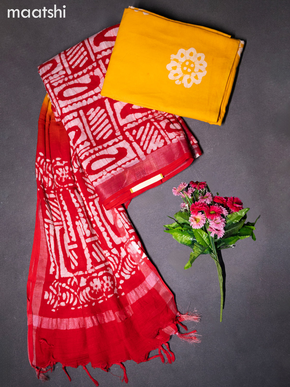 Linen cotton dress material red and mango yellow with allover batik prints and bottom & dupatta
