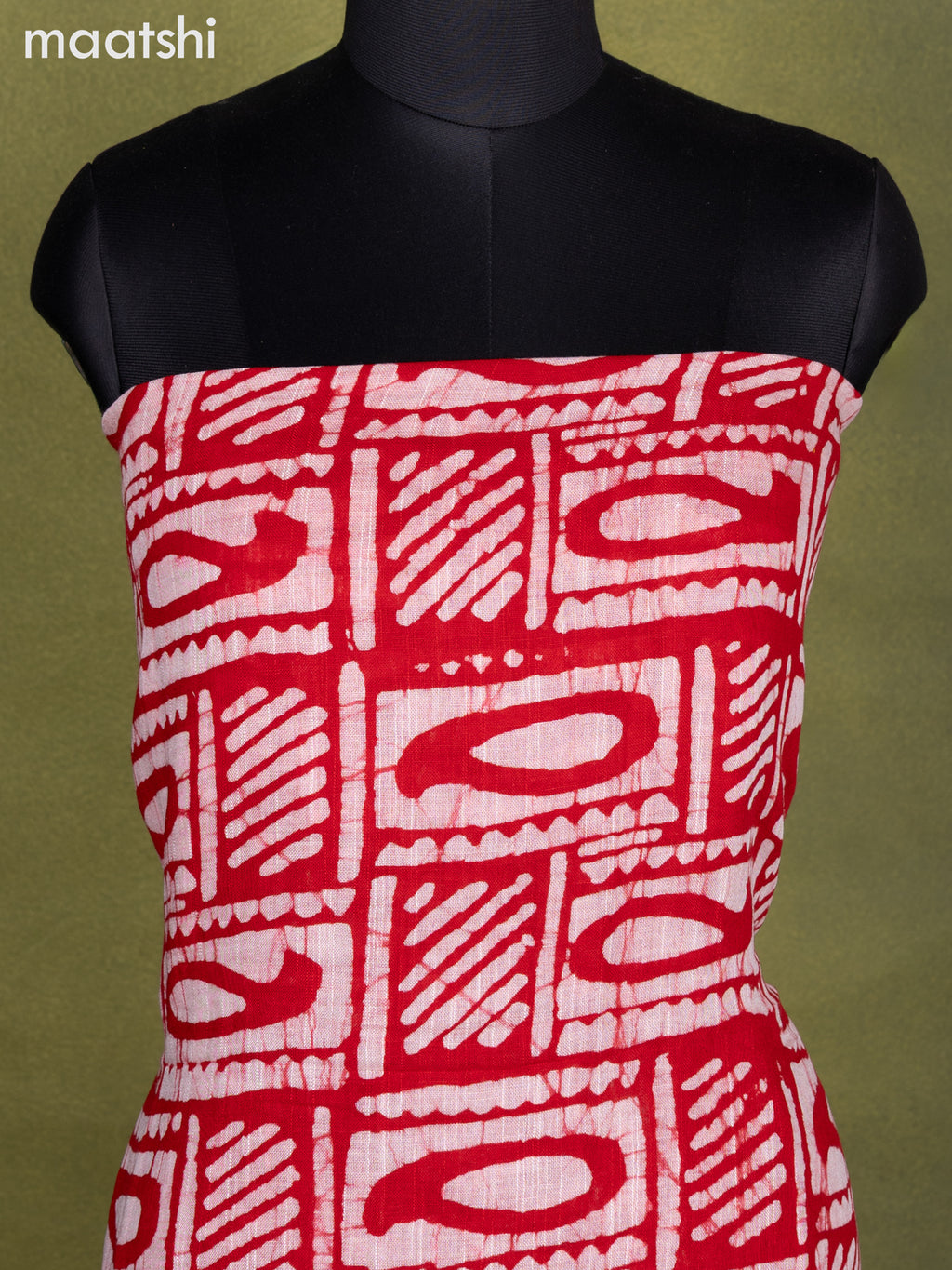 Linen cotton dress material red and mango yellow with allover batik prints and bottom & dupatta