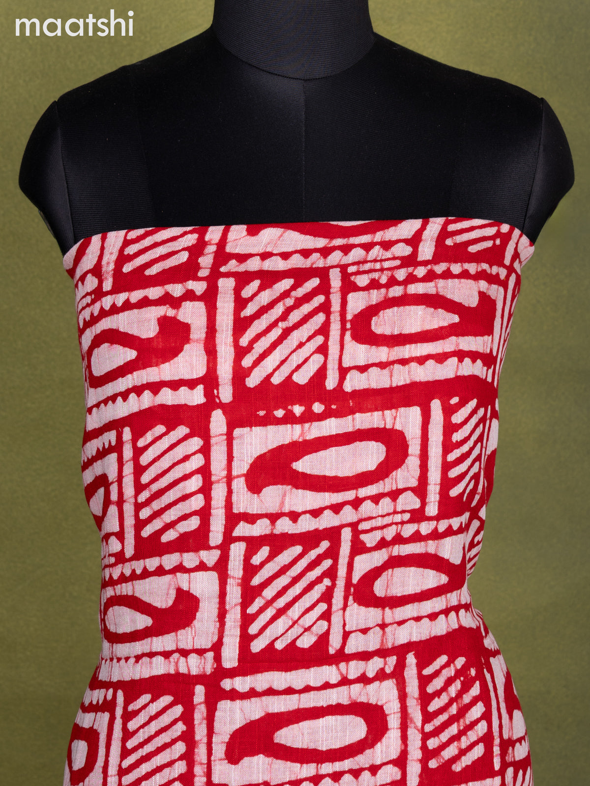 Linen cotton dress material red and mango yellow with allover batik prints and bottom & dupatta