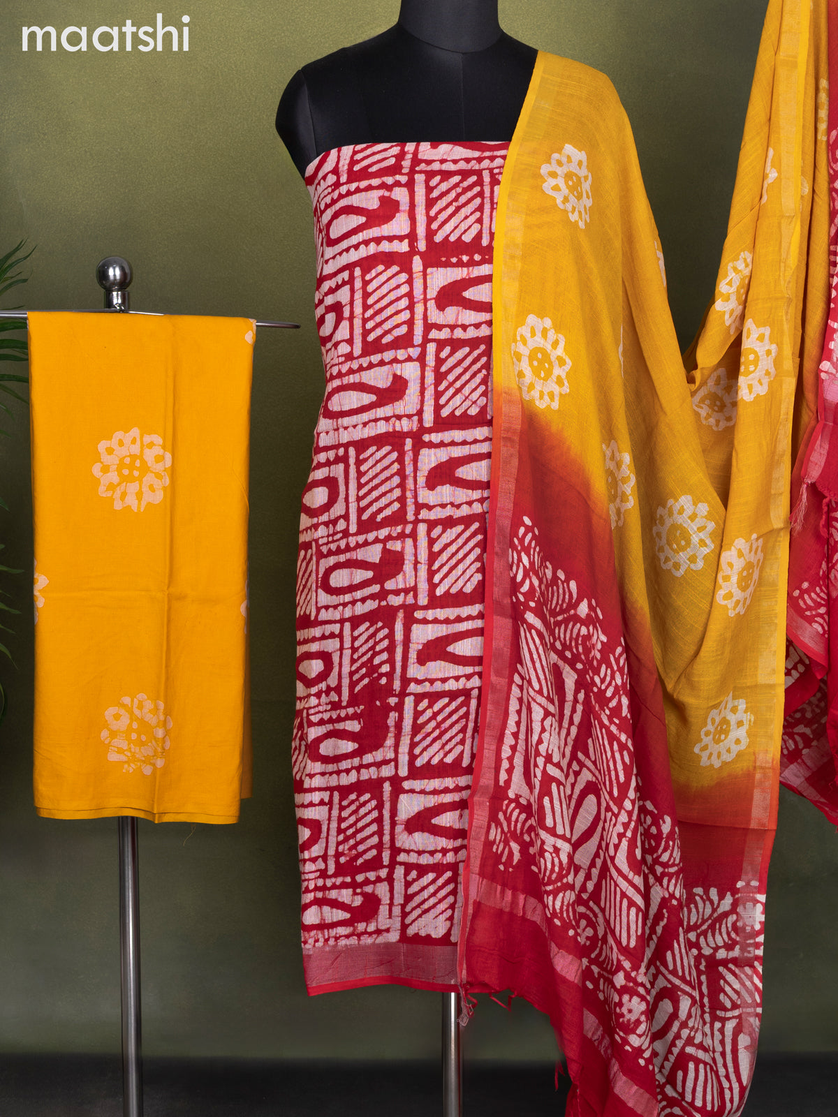 Linen cotton dress material red and mango yellow with allover batik prints and bottom & dupatta