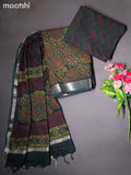 Linen cotton dress material drak green with allover ajrakh prints and bottom & dupatta