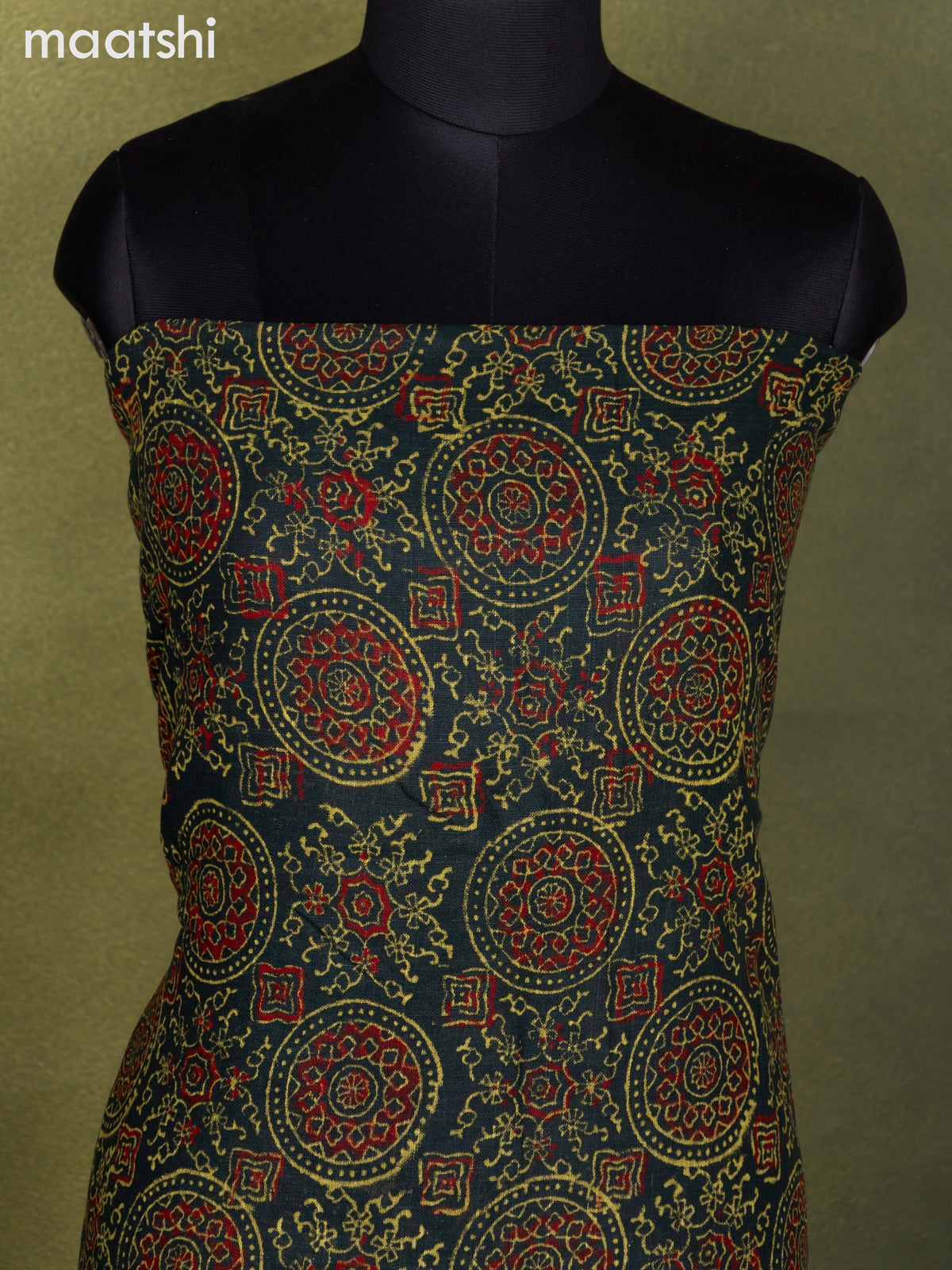 Linen cotton dress material drak green with allover ajrakh prints and bottom & dupatta